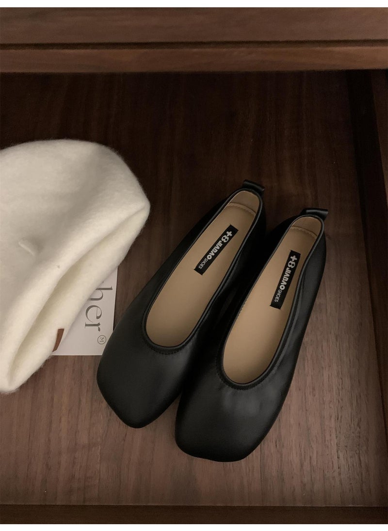 Generic - Womens Ballet Slippers Simple Versatile Soft Leather Soft Sole Milk Sapatoes Square Head Ruffles Evening Wind Single Shoes Bean Black - Image 1