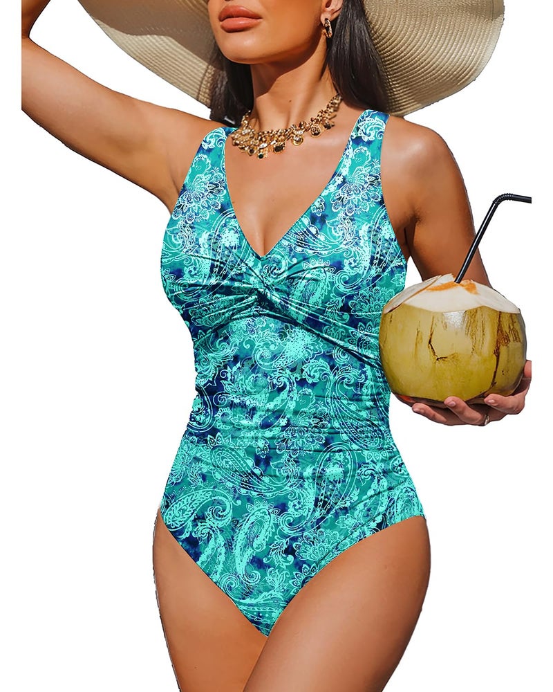 Holipick Green Paisley Women Tummy Control One Piece Swimsuit - Push Up Bathing Suit Full Coverage Slimming Swimwear L - Image 1