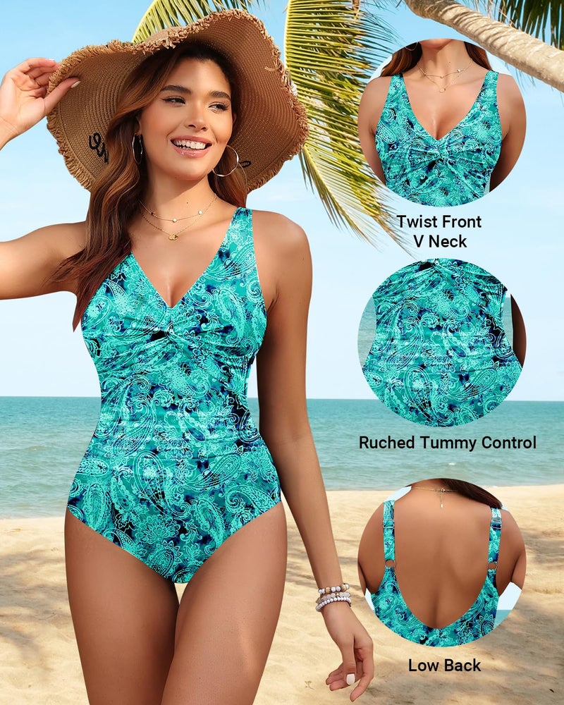 Holipick Green Paisley Women Tummy Control One Piece Swimsuit - Push Up Bathing Suit Full Coverage Slimming Swimwear L - Image 4