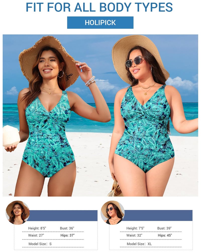 Holipick Green Paisley Women Tummy Control One Piece Swimsuit - Push Up Bathing Suit Full Coverage Slimming Swimwear L - Image 5