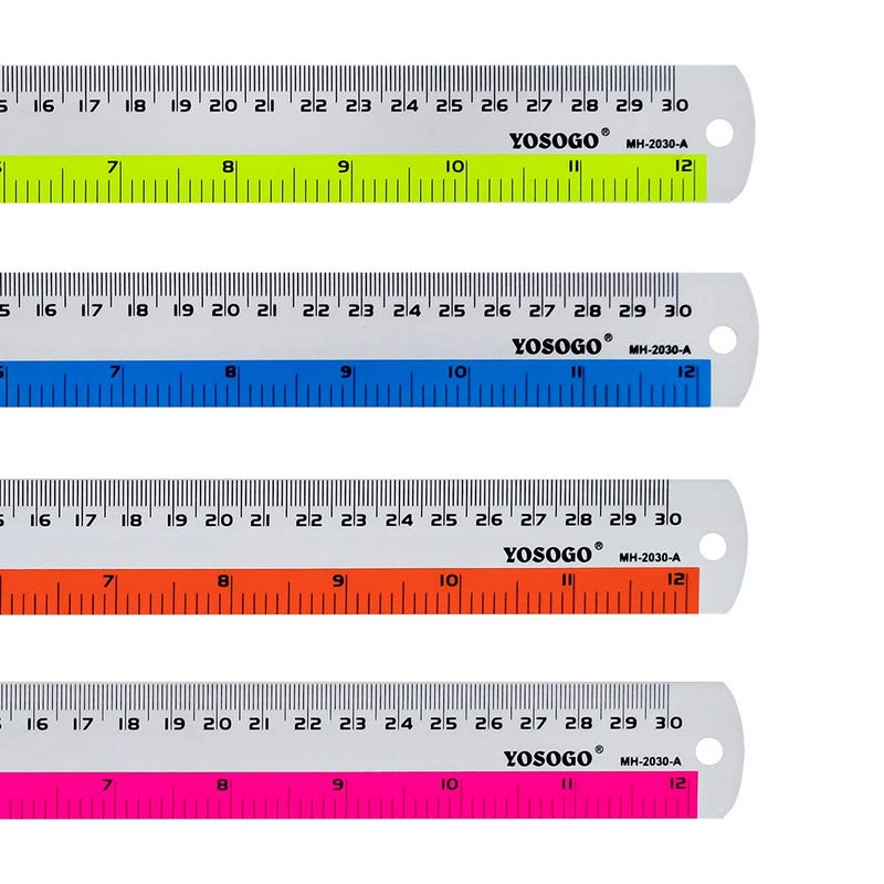 12 Inch / 30 cm Assorted Color Aluminum Ruler in Inch and CM Scale with Hanging Hole | Pack of 6