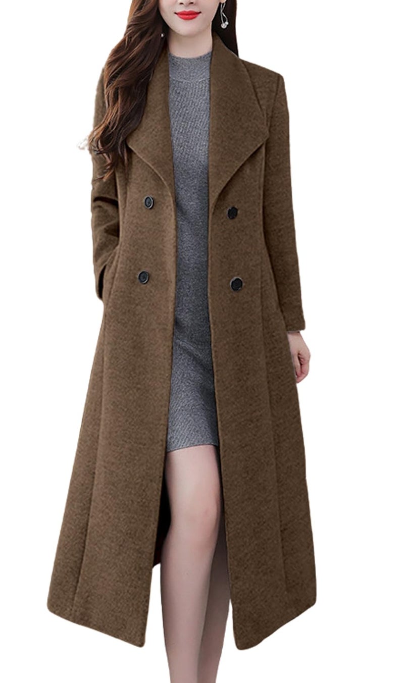 chouyatou Women's Maxi Long Wool Blend Pea Coat Shawl Collar Double Breasted Winter Trench Coat Overcoat (X-Large, Brown)