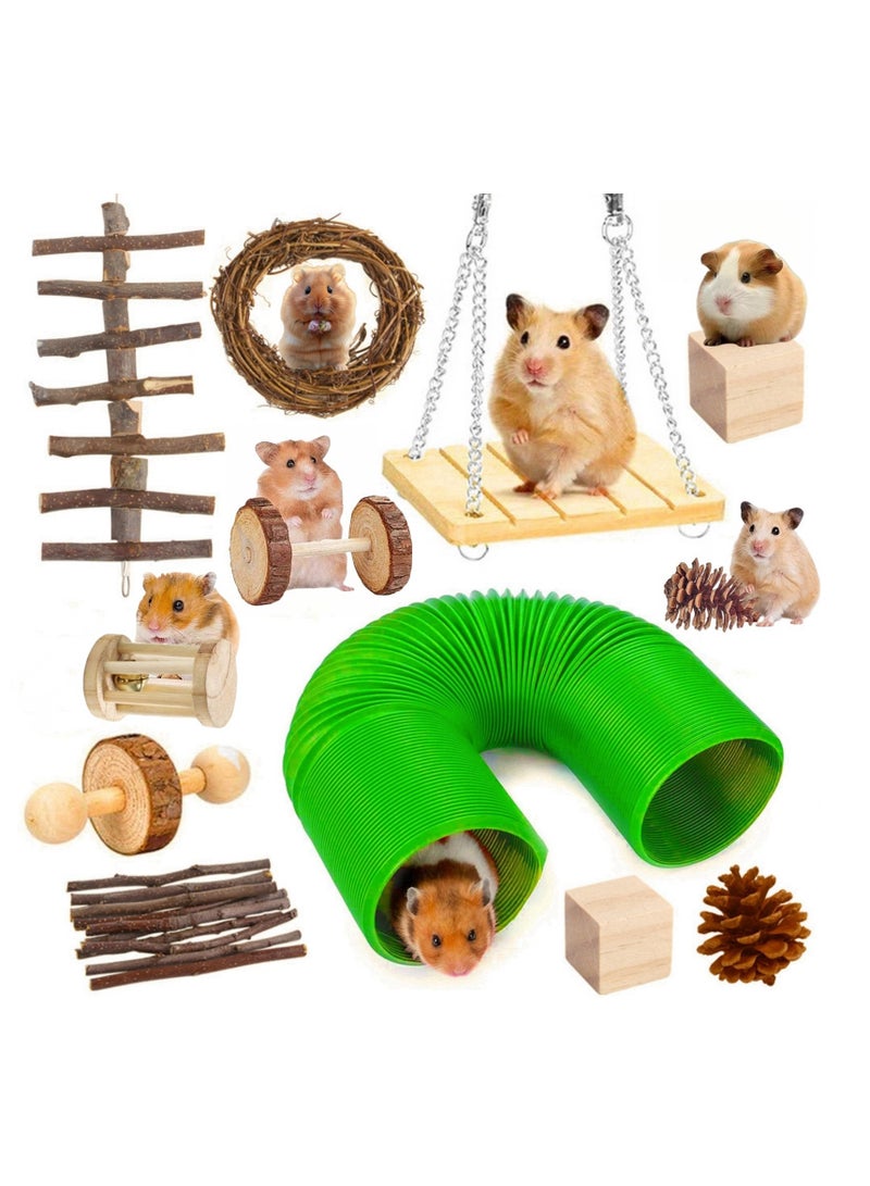 12-Piece Hamster Toy Set - Fun  Safe Chewing Toys for Hamsters, Rabbits,  Parrots - Includes Wooden Chew Toys, Tunnel, Swing, Dumbbell, Flower Drum, Unicycle, Wooden Sticks for Small Pets - Image 1