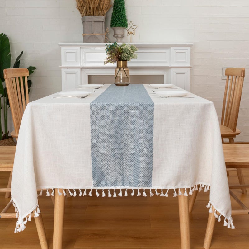 Winknowl Table Cloth Square Table Cotton Linen Waterproof Tablecloths Wrinkle Free Table Cover with Tassels for Farmhouse Kitchen Dining Tables Blue 55x55 Inch