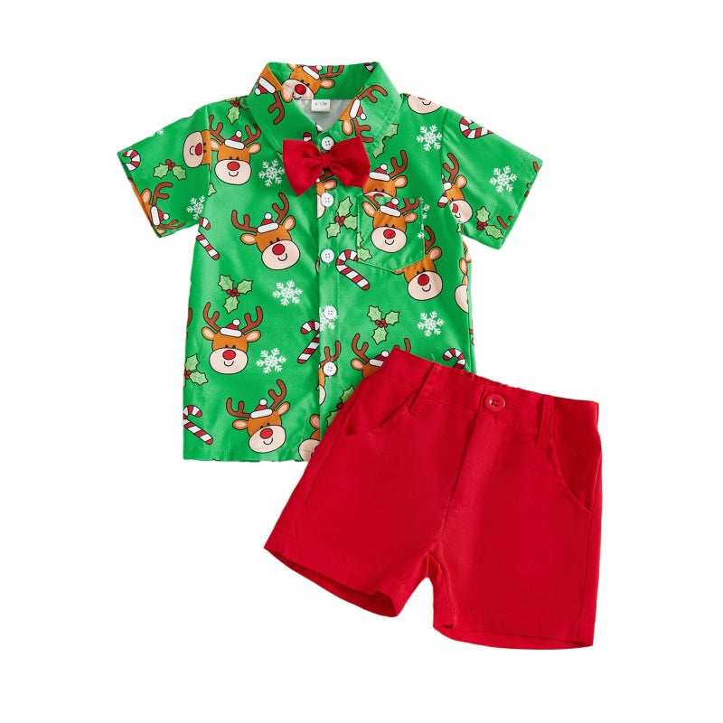 Foreign Trade Summer Infant and Toddler Gentleman Suit Christmas Boy Elk Bow Tie Short-Sleeved Shirt + Shorts Two-Piece Set - Image 1