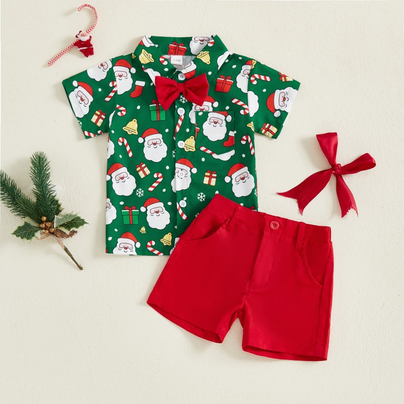 Foreign Trade Summer Infant and Toddler Gentleman Suit Christmas Boy Elk Bow Tie Short-Sleeved Shirt + Shorts Two-Piece Set - Image 3