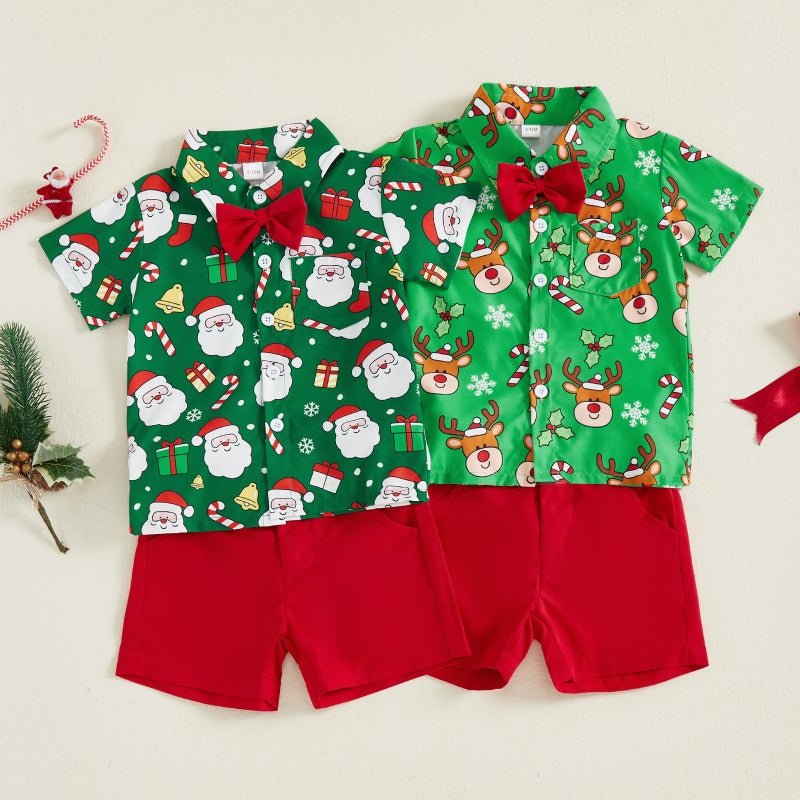 Foreign Trade Summer Infant and Toddler Gentleman Suit Christmas Boy Elk Bow Tie Short-Sleeved Shirt + Shorts Two-Piece Set - Image 2