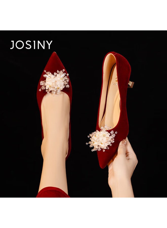Josiny Red Wedding Shoes He Xiu Bridal Two-wear  Spring New Pointed Toe Stiletto Heels Red 38 - Image 3