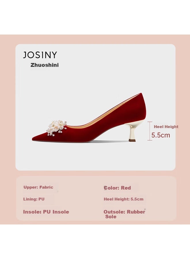 Josiny Red Wedding Shoes He Xiu Bridal Two-wear  Spring New Pointed Toe Stiletto Heels Red 38 - Image 2
