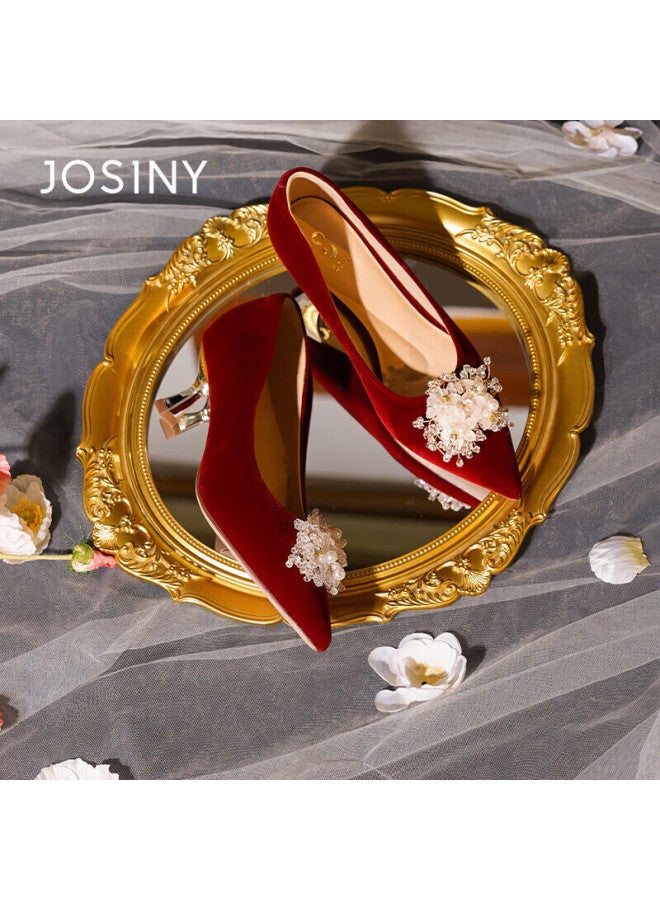 Josiny Red Wedding Shoes He Xiu Bridal Two-wear  Spring New Pointed Toe Stiletto Heels Red 38 - Image 1