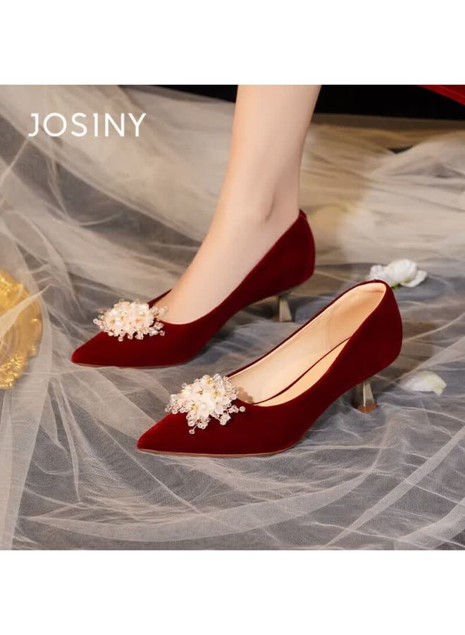 Josiny Red Wedding Shoes He Xiu Bridal Two-wear  Spring New Pointed Toe Stiletto Heels Red 38 - Image 5