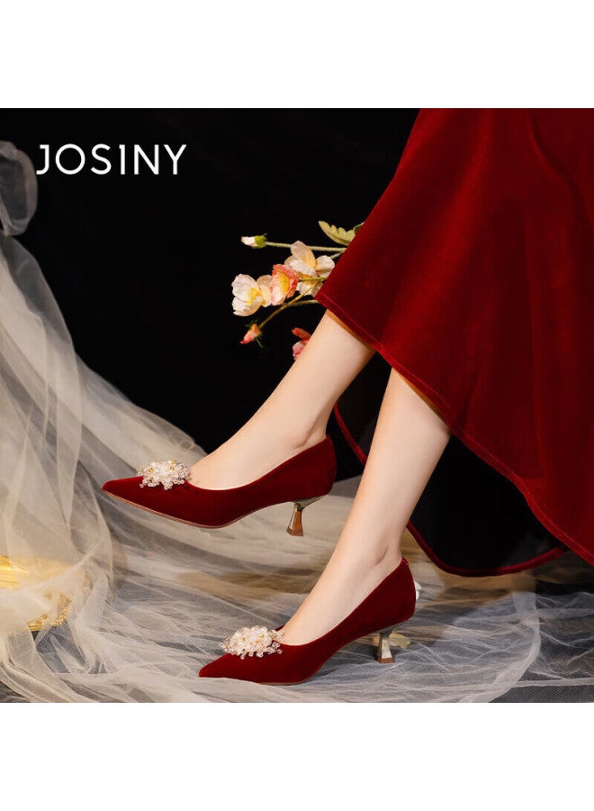 Josiny Red Wedding Shoes He Xiu Bridal Two-wear  Spring New Pointed Toe Stiletto Heels Red 38 - Image 4
