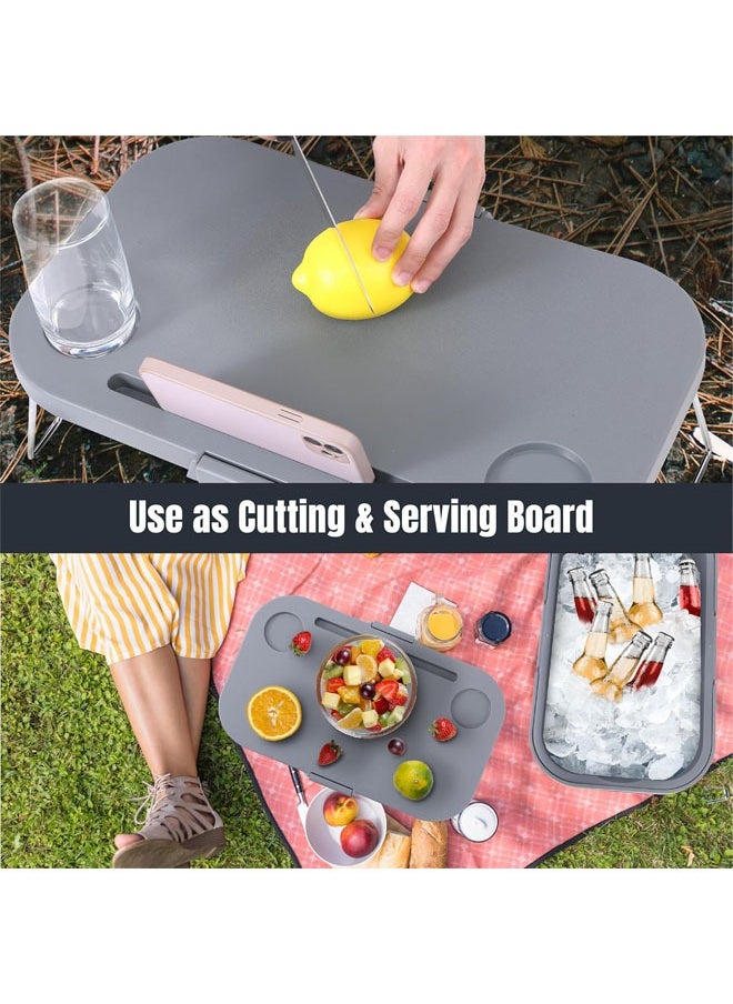 15L Collapsible Picnic Basket with Handles, Lid as Stand Up Table, Lightweight, Water-Proof & Leak-Proof - 3-in-1 Rectangle Bucket for Picnics, Camping, BBQ, Travelling and Road Trips (Grey)
