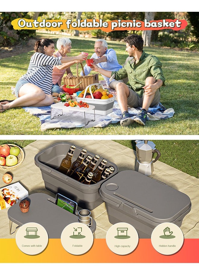 15L Collapsible Picnic Basket with Handles, Lid as Stand Up Table, Lightweight, Water-Proof & Leak-Proof - 3-in-1 Rectangle Bucket for Picnics, Camping, BBQ, Travelling and Road Trips (Grey)