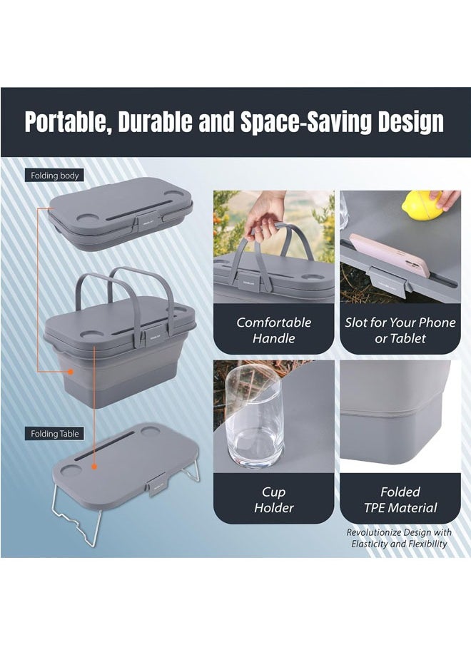 15L Collapsible Picnic Basket with Handles, Lid as Stand Up Table, Lightweight, Water-Proof & Leak-Proof - 3-in-1 Rectangle Bucket for Picnics, Camping, BBQ, Travelling and Road Trips (Grey)