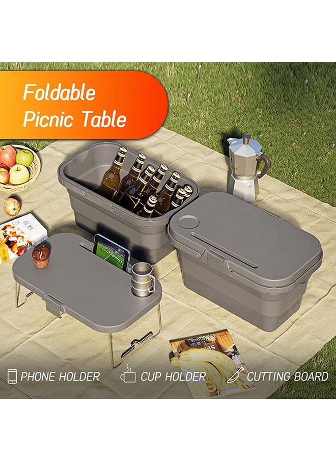 15L Collapsible Picnic Basket with Handles, Lid as Stand Up Table, Lightweight, Water-Proof & Leak-Proof - 3-in-1 Rectangle Bucket for Picnics, Camping, BBQ, Travelling and Road Trips (Grey)