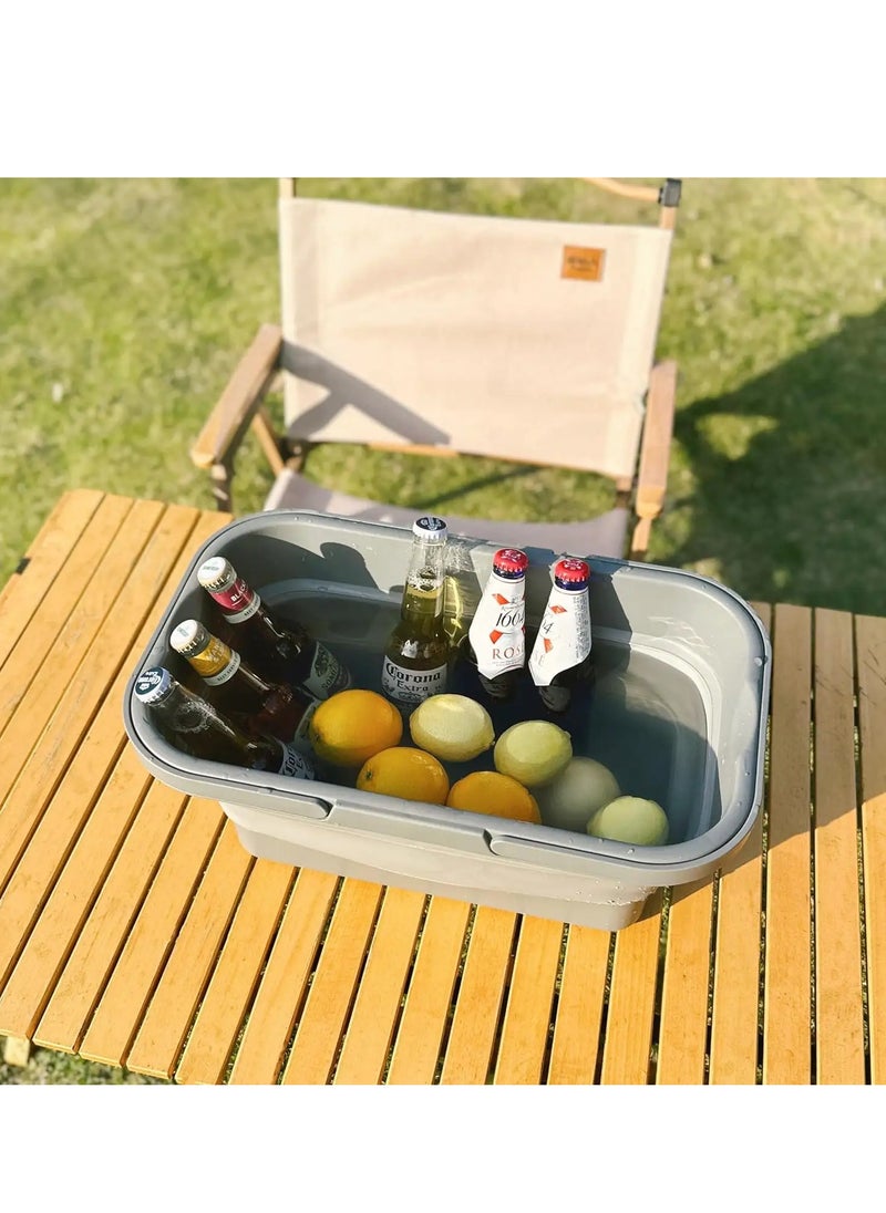 15L Collapsible Picnic Basket with Handles, Lid as Stand Up Table, Lightweight, Water-Proof & Leak-Proof - 3-in-1 Rectangle Bucket for Picnics, Camping, BBQ, Travelling and Road Trips (Grey)