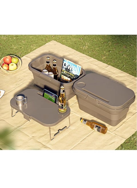 15L Collapsible Picnic Basket with Handles, Lid as Stand Up Table, Lightweight, Water-Proof & Leak-Proof - 3-in-1 Rectangle Bucket for Picnics, Camping, BBQ, Travelling and Road Trips (Grey)