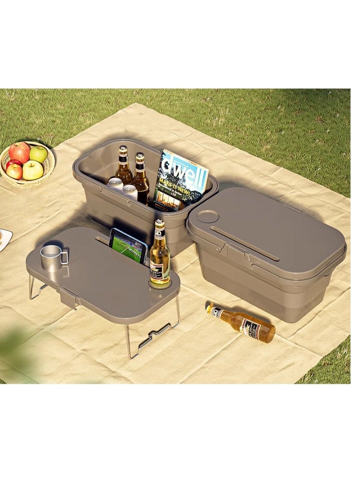 15L Collapsible Picnic Basket with Handles, Lid as Stand Up Table, Lightweight, Water-Proof & Leak-Proof - 3-in-1 Rectangle Bucket for Picnics, Camping, BBQ, Travelling and Road Trips (Grey)