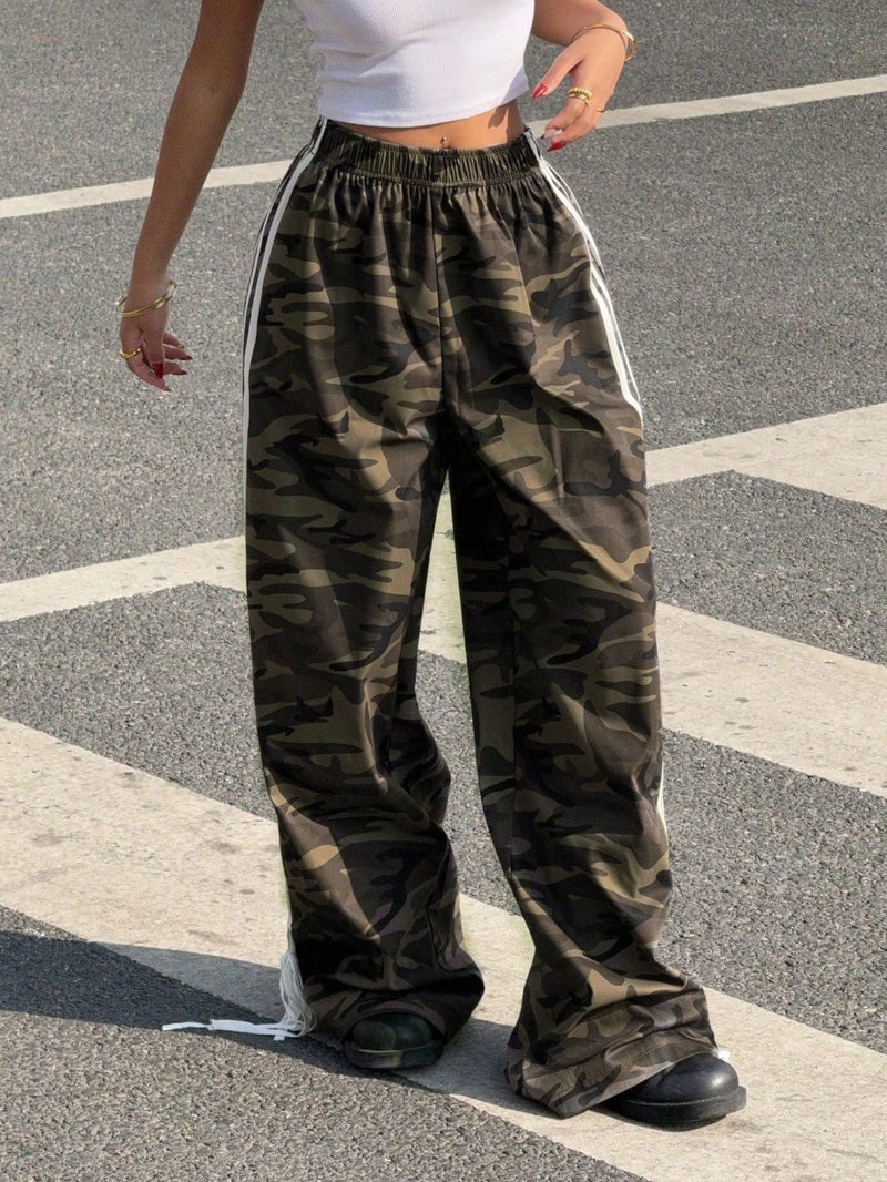 ZAFUL Womens Side Striped Pant Baggy Wide Leg Sweatpants Elastic Waisted Contrast Stripes Loose Fit Trousers(Camouflage,M) - Image 3