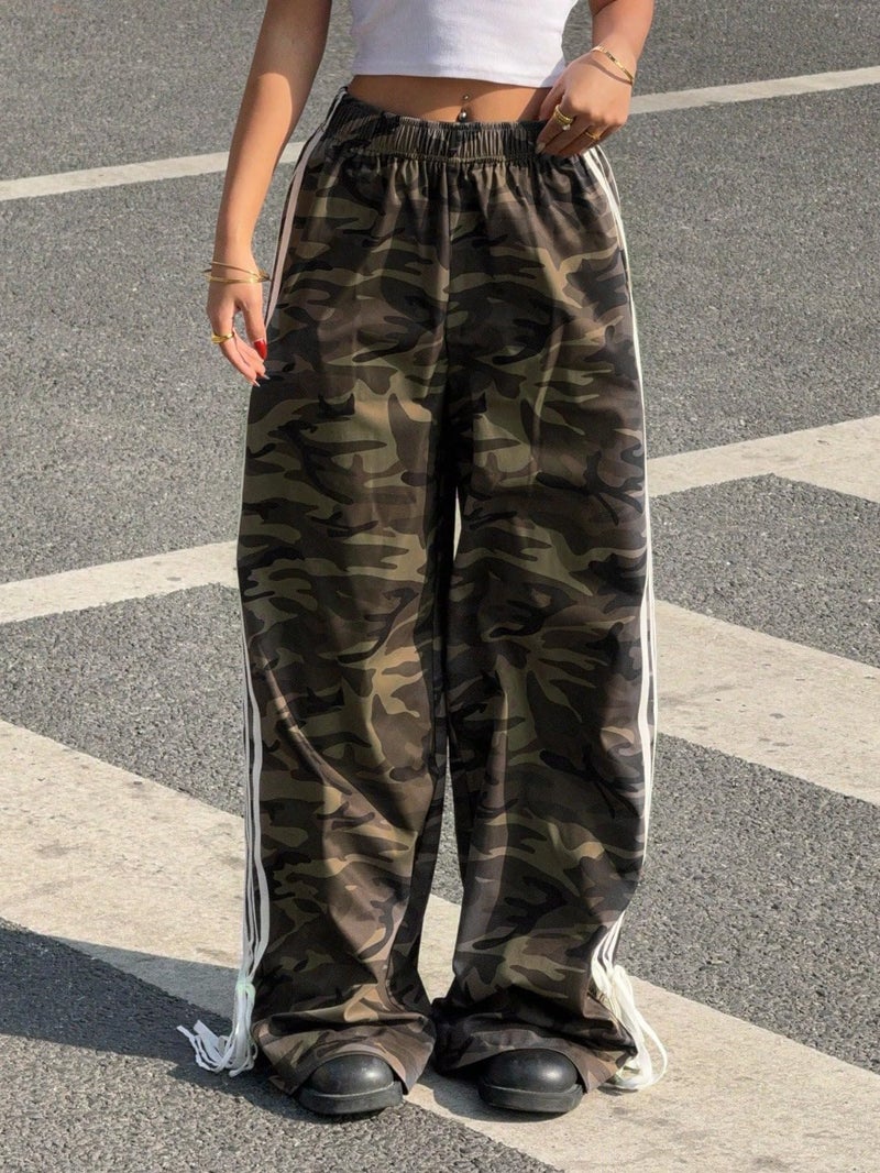 ZAFUL Womens Side Striped Pant Baggy Wide Leg Sweatpants Elastic Waisted Contrast Stripes Loose Fit Trousers(Camouflage,M) - Image 2