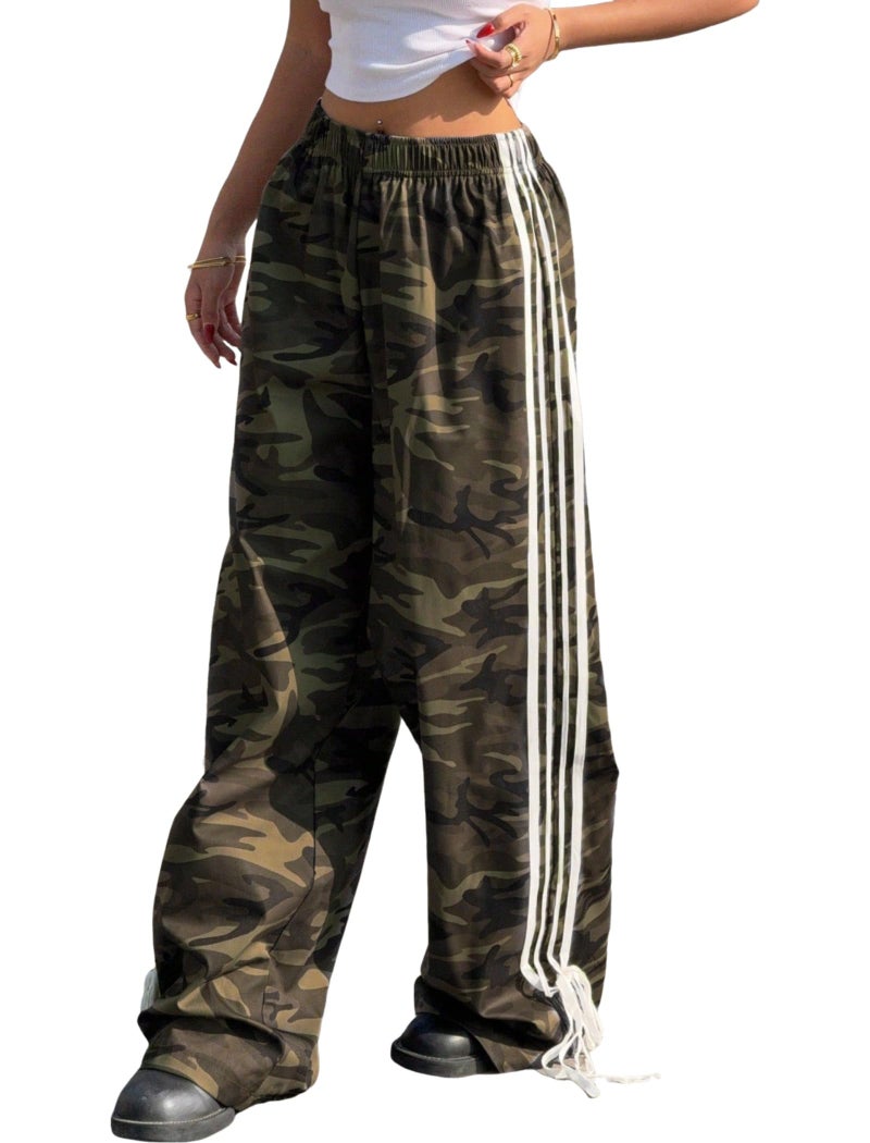 ZAFUL Womens Side Striped Pant Baggy Wide Leg Sweatpants Elastic Waisted Contrast Stripes Loose Fit Trousers(Camouflage,M) - Image 1