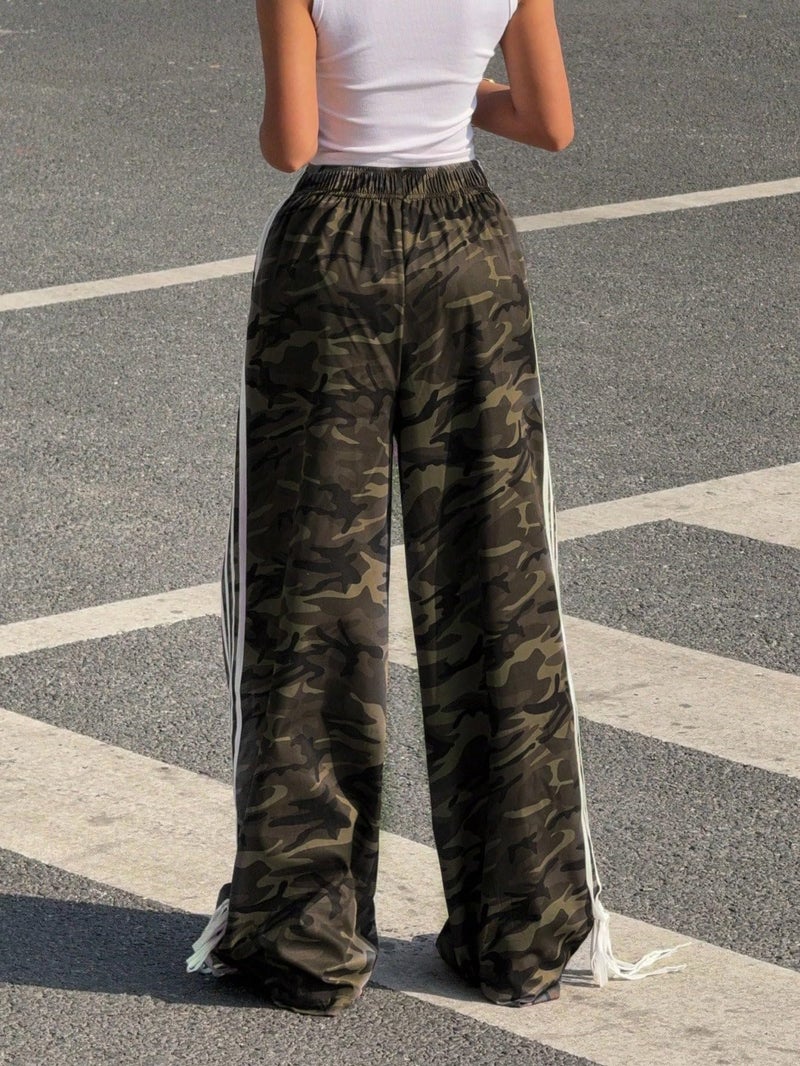 ZAFUL Womens Side Striped Pant Baggy Wide Leg Sweatpants Elastic Waisted Contrast Stripes Loose Fit Trousers(Camouflage,M) - Image 4