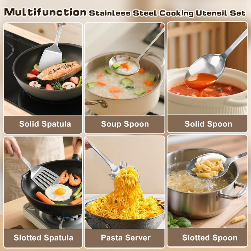 MemoGem 6 Pcs Cooking Utensils Set, Stainless Steel Kitchen Tool, Heat Resistant Metal Utensils Include Solid & Slotted Tuner Wok Spatula, Ladle, Serving Spoon, Pasta Server, Ergonomic Handle, Easy to Clean - Image 2