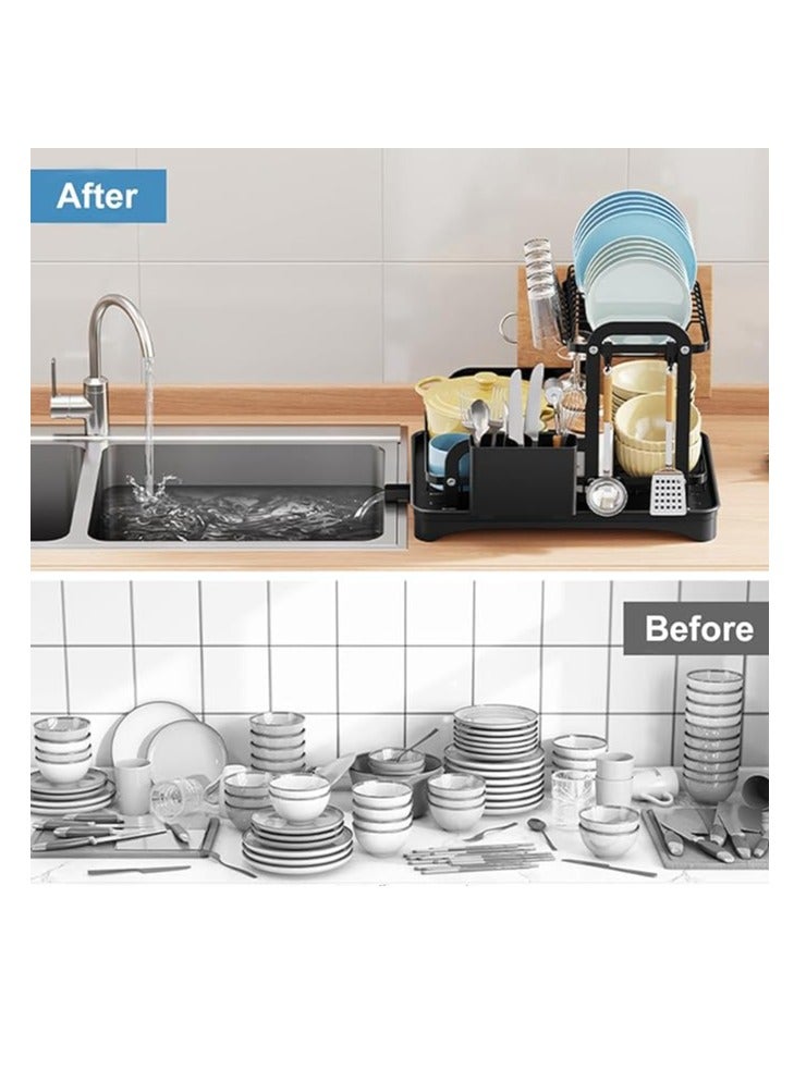 طاولة المطبخ مع 2 طبقات من أدوات المائدة شماعات الملابس مع رف أدوات المائدة بالوعة مع الفولاذ المقاوم للصدأ أدوات المائدة استنزاف 360 درجة الروتاري منفذ استنزاف لتوفير مساحة من شماعات الملابس أدوات المائدة ، أسود - Image 5