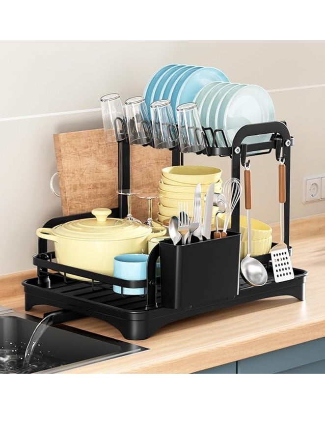 طاولة المطبخ مع 2 طبقات من أدوات المائدة شماعات الملابس مع رف أدوات المائدة بالوعة مع الفولاذ المقاوم للصدأ أدوات المائدة استنزاف 360 درجة الروتاري منفذ استنزاف لتوفير مساحة من شماعات الملابس أدوات المائدة ، أسود - Image 1