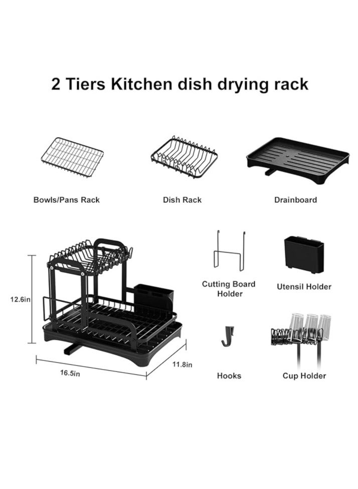 طاولة المطبخ مع 2 طبقات من أدوات المائدة شماعات الملابس مع رف أدوات المائدة بالوعة مع الفولاذ المقاوم للصدأ أدوات المائدة استنزاف 360 درجة الروتاري منفذ استنزاف لتوفير مساحة من شماعات الملابس أدوات المائدة ، أسود - Image 2