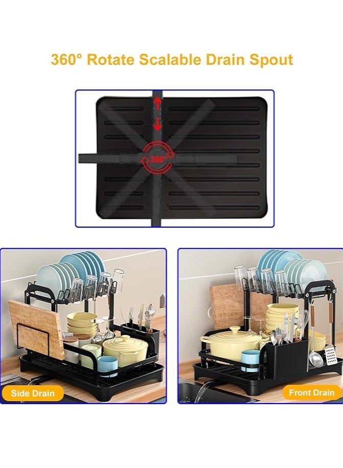 طاولة المطبخ مع 2 طبقات من أدوات المائدة شماعات الملابس مع رف أدوات المائدة بالوعة مع الفولاذ المقاوم للصدأ أدوات المائدة استنزاف 360 درجة الروتاري منفذ استنزاف لتوفير مساحة من شماعات الملابس أدوات المائدة ، أسود - Image 3