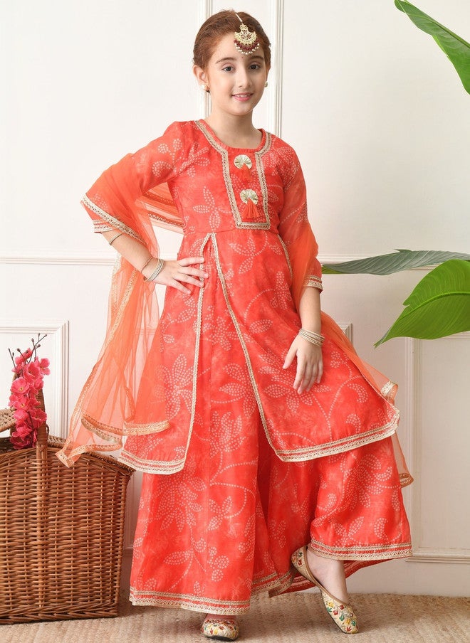Indi-Loom Couture Girls Ethnic Motifs Printed Angrakha Gotta Patti Kurta with Sharara & Dupatta - Image 1