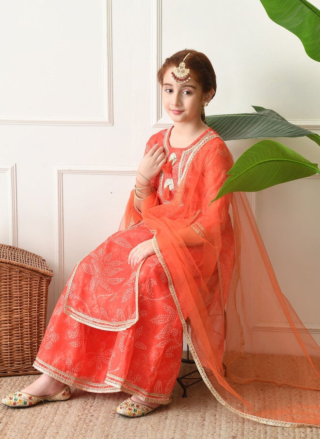 Indi-Loom Couture Girls Ethnic Motifs Printed Angrakha Gotta Patti Kurta with Sharara & Dupatta - Image 3