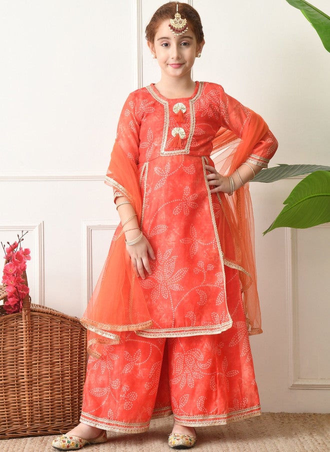 Indi-Loom Couture Girls Ethnic Motifs Printed Angrakha Gotta Patti Kurta with Sharara & Dupatta - Image 4
