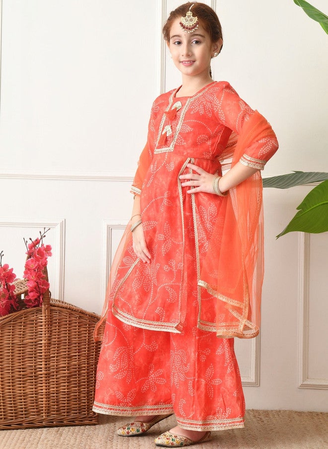 Indi-Loom Couture Girls Ethnic Motifs Printed Angrakha Gotta Patti Kurta with Sharara & Dupatta - Image 2