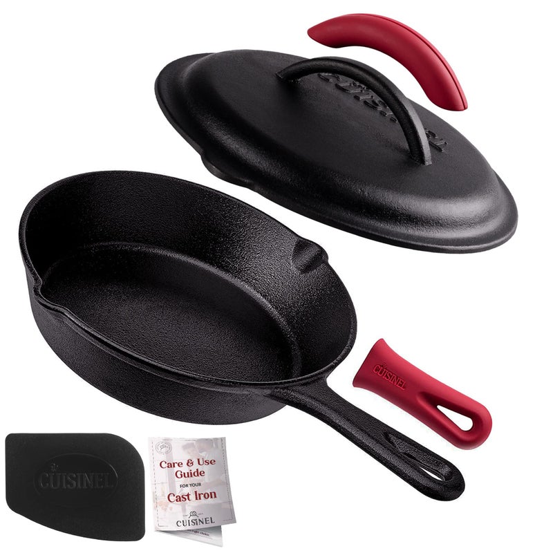 Cuisinel Cast Iron Skillet with Lid 8inch PreSeasoned Covered Frying Pan Set Silicone Handle and Lid Holders ScraperCleaner IndoorOutdoor Oven Camping Fire Grill Safe Kitchen Cookware