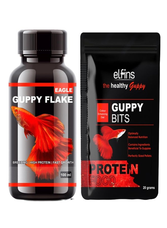 VAYINATO Eagle Guppy Flakes, 100ML & Elfins Guppy Bits, 20G Combo Aquarium Fish Food, 100% Natural Fish Food for Guppy and Tetra and Other Small Fish - Image 1