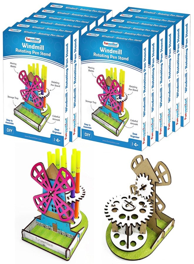 Funvention- for Little Scientist in Every Kid (Pack Of 12) Windmill Diy Pen Stand Mechanical Model Desk Organizer For 4+ Years Kids 3D Puzzle Art&Craft Birthday Return Gifts - Image 1