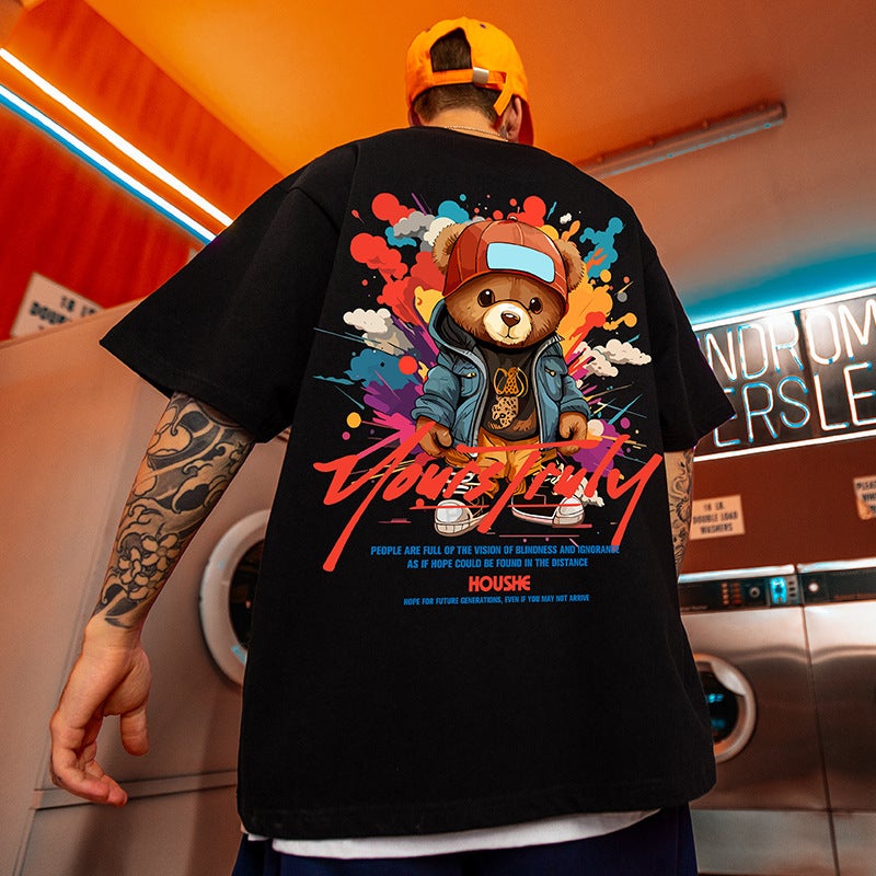 American Street Fashion Graffiti Patch Paint Bear Short-Sleeved Men'S Ins Loose Fashionable Brand Plus Size Plus Size Plus Size Half-Sleeved T-Shirt - Image 1