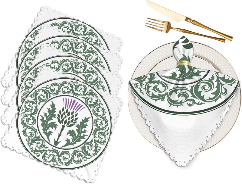 Yibeas Green Thistle Flower Cloth Napkins Dinner Table Napkin Round Lace Curl Leaves Totem Heraldic Scotland Element Washable Reusable Napkins Set of 4 for Kitchen Home Holiday Party Wedding 18 x 18 inch - Image 1