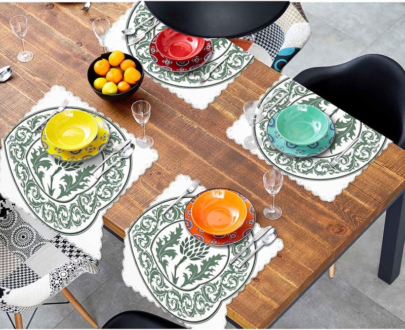 Yibeas Green Thistle Flower Cloth Napkins Dinner Table Napkin Round Lace Curl Leaves Totem Heraldic Scotland Element Washable Reusable Napkins Set of 4 for Kitchen Home Holiday Party Wedding 18 x 18 inch - Image 4