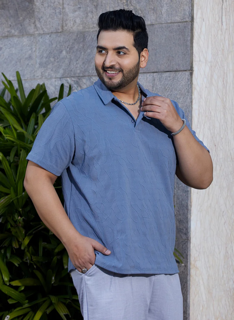 Instafab Plus Instafab Plus Men's Powder Blue Veined-Tactile Polo T-Shirt For Casual Wear | Polo Neck | Short Regular Sleeves | Half-Button Closure | Plus Size T-Shirt Crafted With Comfort Fit For Everyday Wear