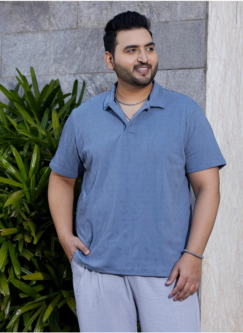 Instafab Plus Instafab Plus Men's Powder Blue Veined-Tactile Polo T-Shirt For Casual Wear | Polo Neck | Short Regular Sleeves | Half-Button Closure | Plus Size T-Shirt Crafted With Comfort Fit For Everyday Wear