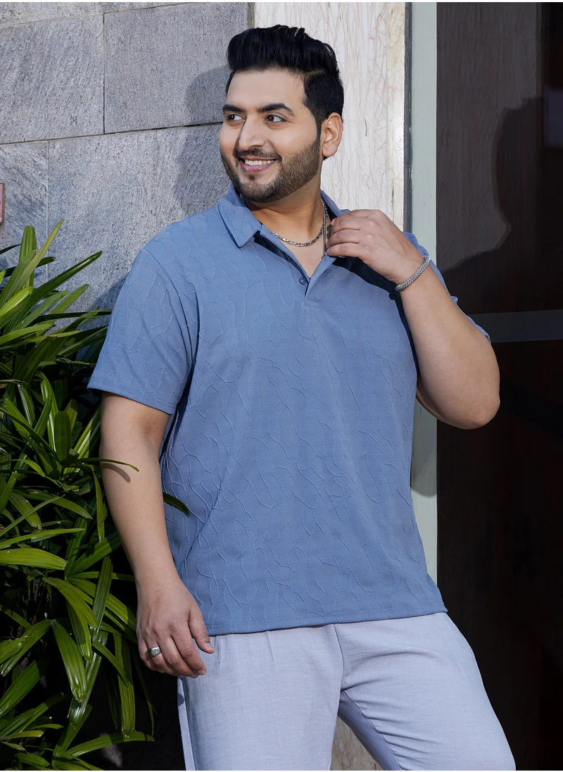 Instafab Plus Instafab Plus Men's Powder Blue Veined-Tactile Polo T-Shirt For Casual Wear | Polo Neck | Short Regular Sleeves | Half-Button Closure | Plus Size T-Shirt Crafted With Comfort Fit For Everyday Wear