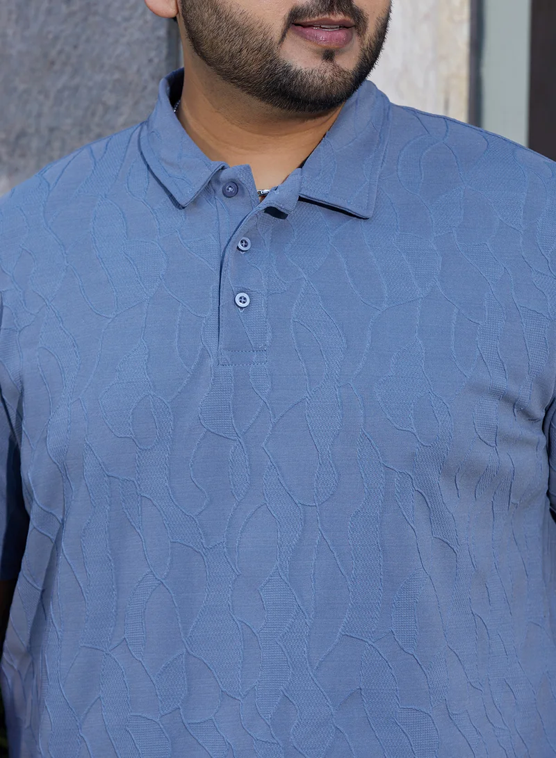 Instafab Plus Instafab Plus Men's Powder Blue Veined-Tactile Polo T-Shirt For Casual Wear | Polo Neck | Short Regular Sleeves | Half-Button Closure | Plus Size T-Shirt Crafted With Comfort Fit For Everyday Wear