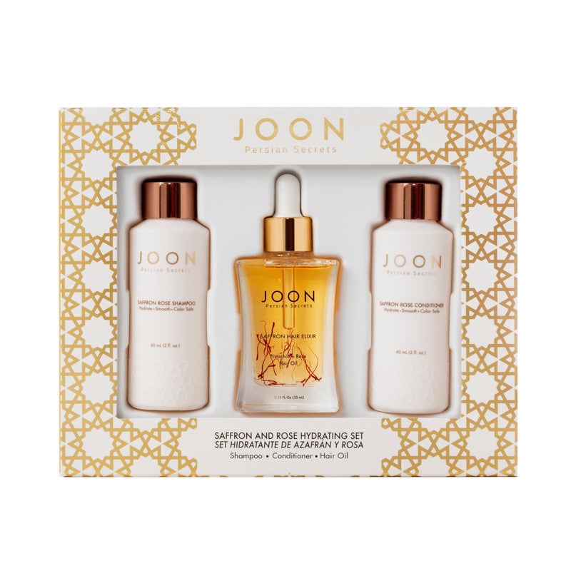 Joon Moisturizing Travel Size Gift Set | Saffron Hair Elixir (1.11 fl oz), Saffron Rose Shampoo (2 fl oz) and Conditioner (2 fl oz) - Image 1