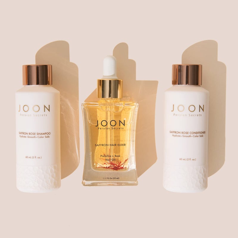Joon Moisturizing Travel Size Gift Set | Saffron Hair Elixir (1.11 fl oz), Saffron Rose Shampoo (2 fl oz) and Conditioner (2 fl oz) - Image 2