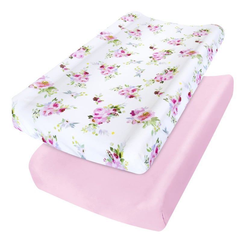Moonsea Changing Pad Cover for Girls 2 Pack, Lovely Print Soft Diaper Change Table Sheets, Fit 32"x16" Contoured Pad, Comfy Cozy 2-Pack Cradle Sheets,Floral - Image 1