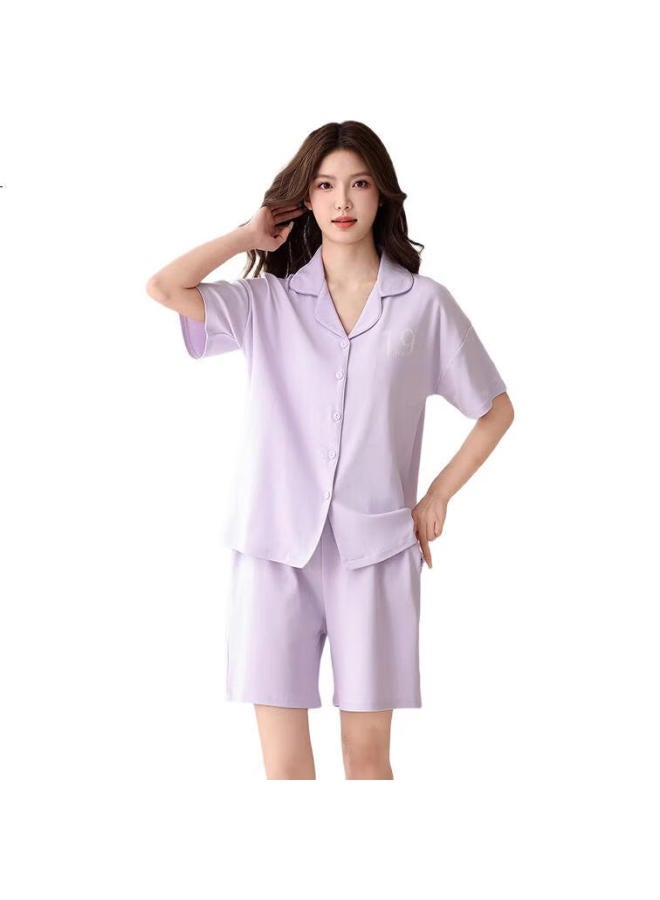 JOAE 100% Cotton High-End Women'S Pajamas Summer Thin Short Sleeve Shorts Cardigan Home Wear Fresh Green L - Image 1